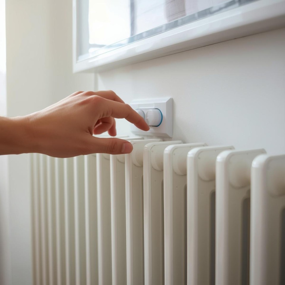 Image of a white radiator with a hand to turn down the heat