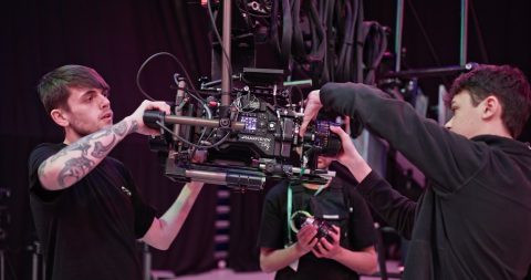 Damon and Joe rigging a camera on a remote head at Pinewood Studios