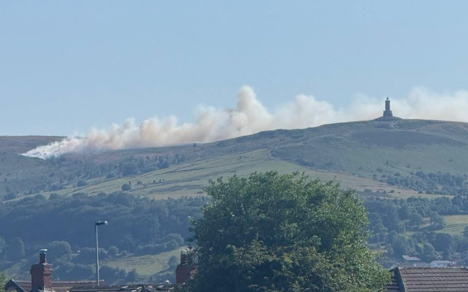 A wildfire on the moors above Darwen, near Darwen Tower.