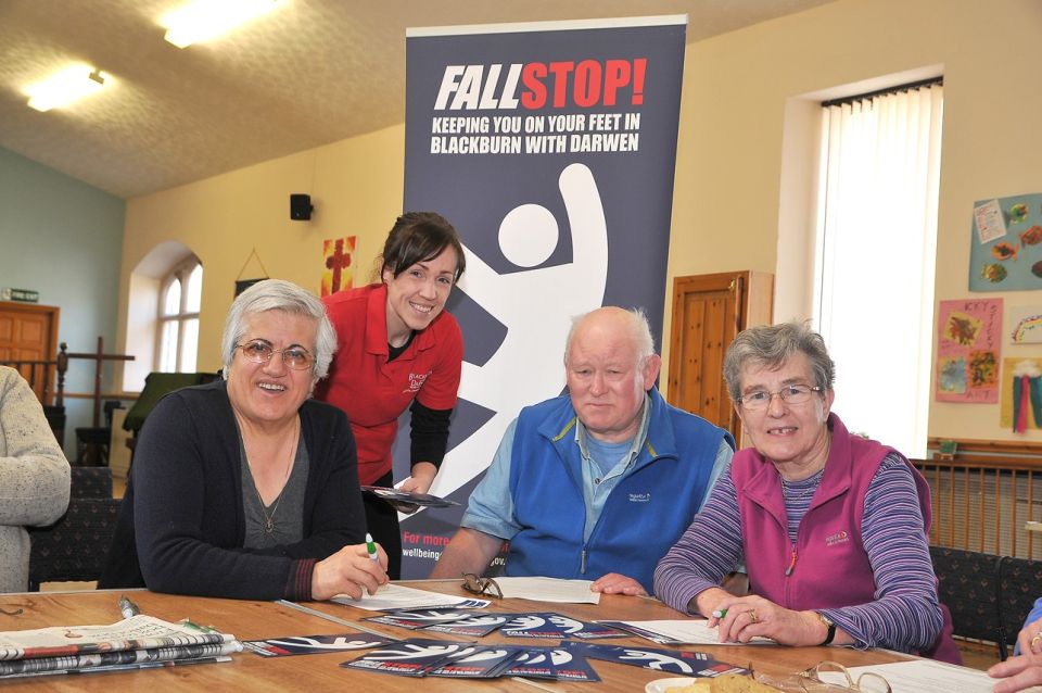 FallStop campaign goes on the road. Visting Spring Vale Methodist Church, Watery Lane, Darwen. (l-r) Karimeh Foster, Amy Greenhalgh of FallStop, Graham Rothwell and Jenny Atkinson