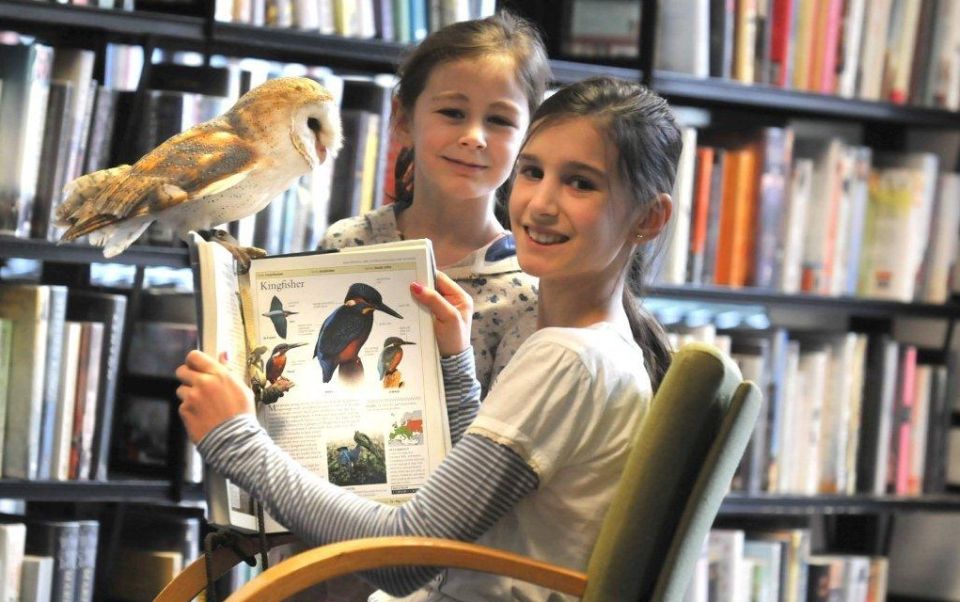 Library: 2 girls reading a bird book