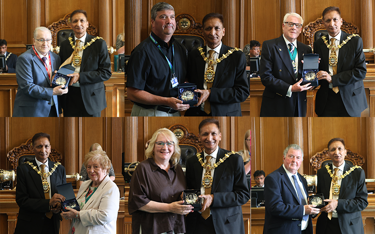 A collage image of six individuals receiving an award from a Borough mayor. The ceremony is taking place in a council chamber.