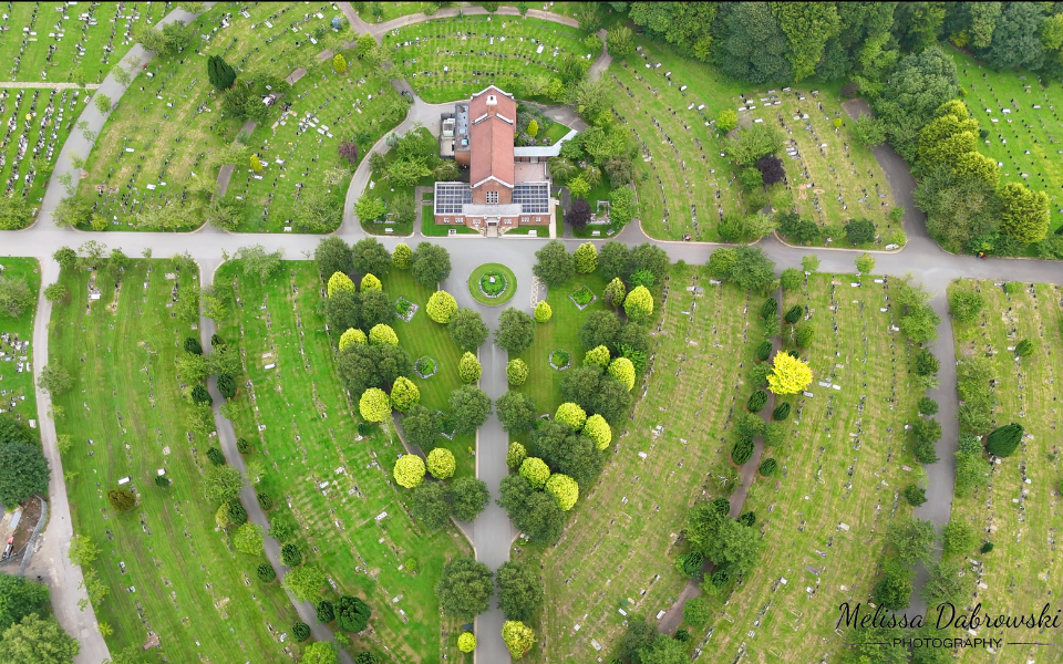 Drone shot of Pleasington Crematorium and some of the Cemetery.