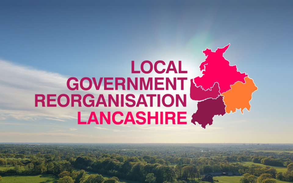 Graphic reading “Local Government Reorganisation Lancashire” over an aerial landscape image, alongside a colour-coded map outline of Lancashire divided into several regions against a blue sky background.