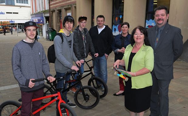 Skate park launch image with Councillor Kate Hollern