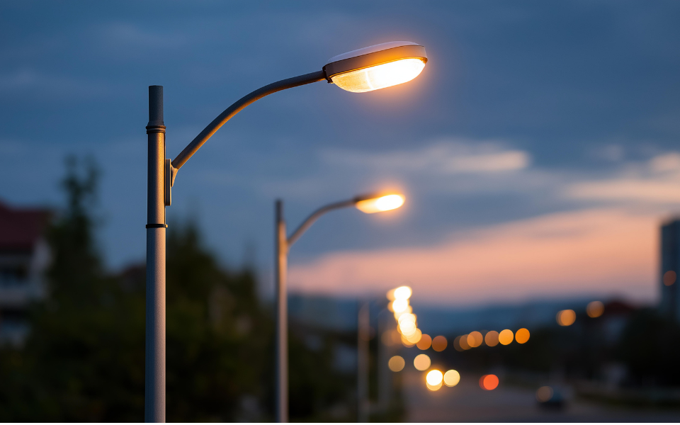 Street lamps lighting up a dark street.