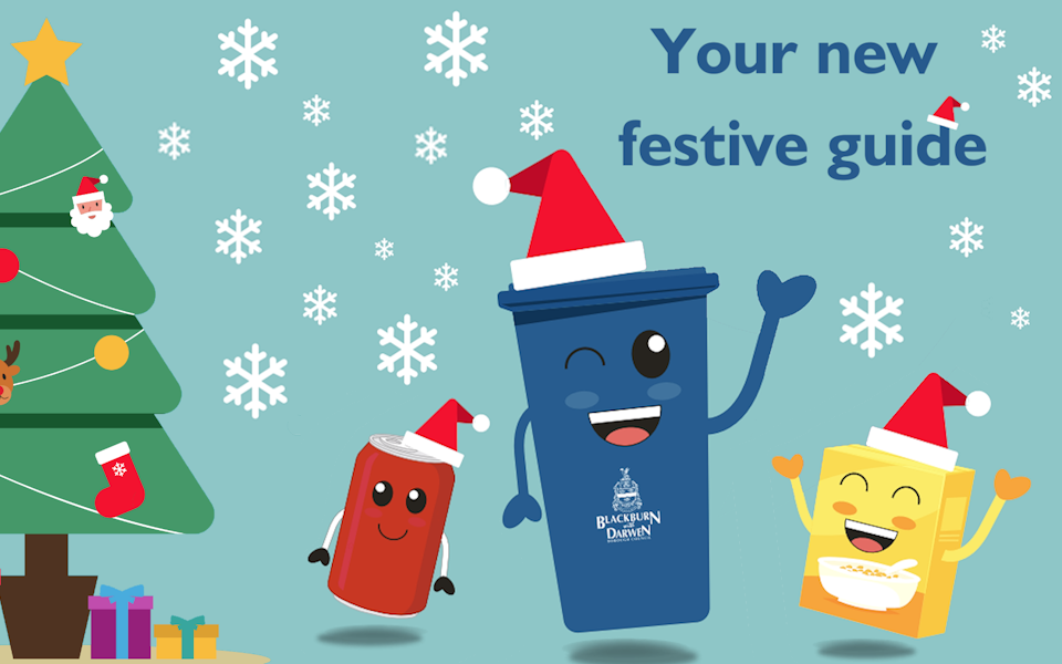 Bins dancing in Christmas hats with the text 'Your new festive guide'.