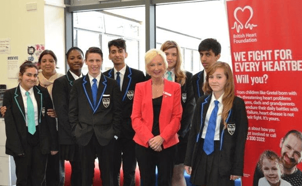 Students from the school and Assistant Headteacher, Shanaz Hussain is Barbara Dunn, Community Fundraising Manager for BHF Lancashire.